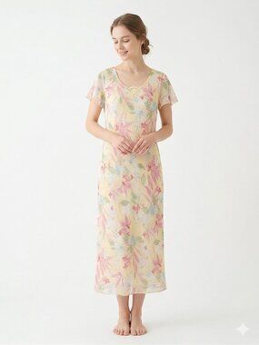 Fashion Bug Dress Yellow Pink Maxi Floral Cottage Boho Summer 20W